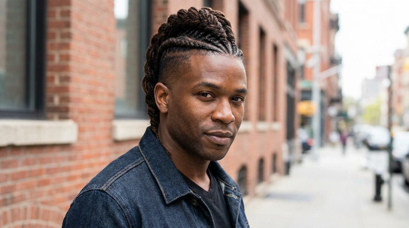 Mohawk cornrows on Black man in his 20s showing bold faux hawk braided style