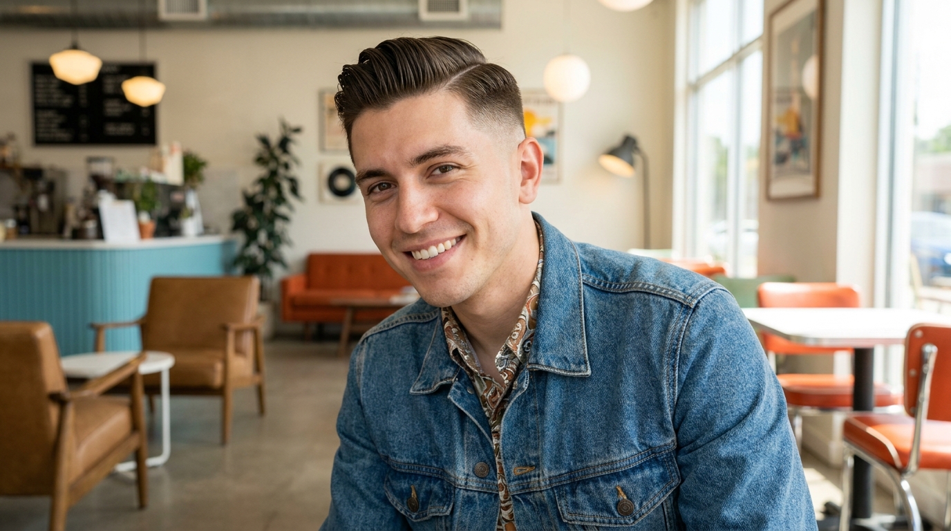 Pompadour comb over hybrid with skin fade on confident man in his 20s showing retro modern fusion