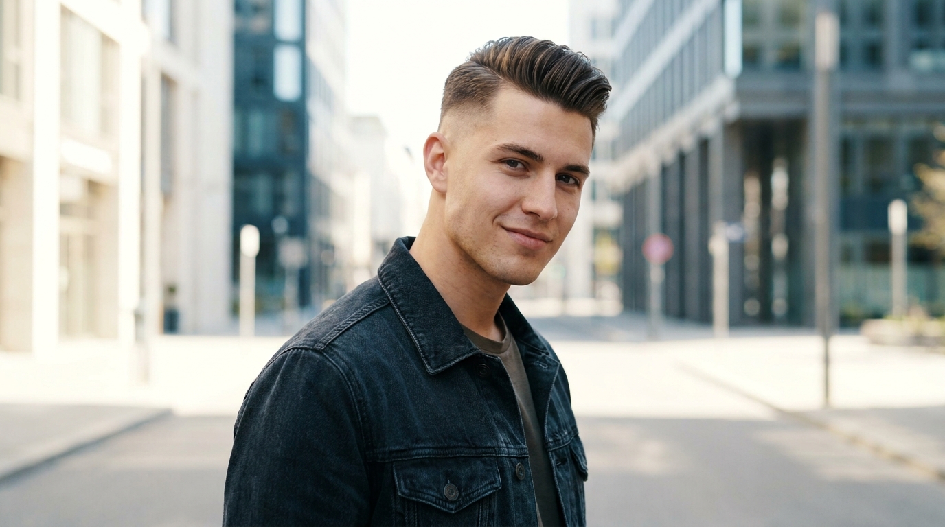 Quiff comb over with skin fade on confident man in his 20s showing modern height and edge