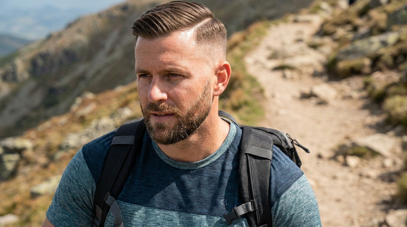 Short comb over with skin fade on active man in his 30s showing low maintenance style