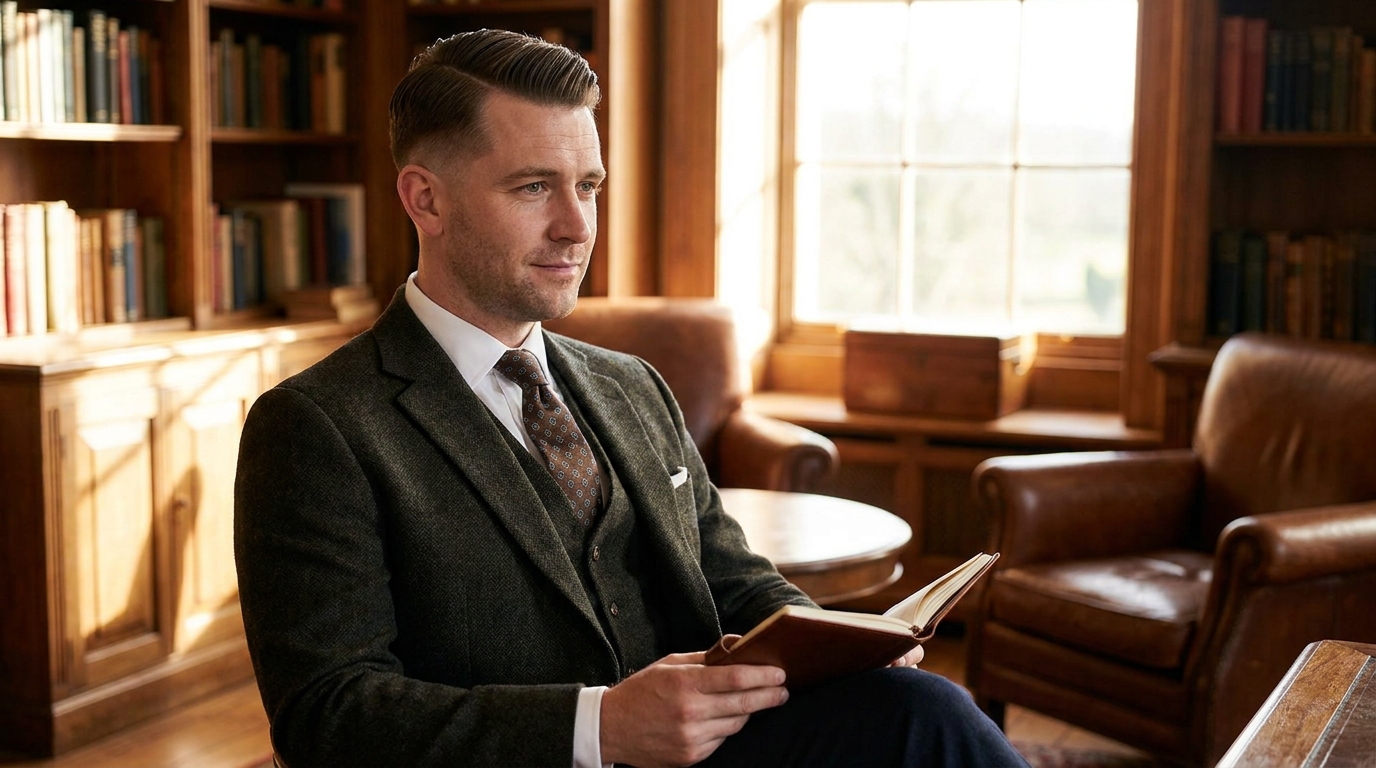 Side swept comb over with low fade on classic gentleman in his 30s showing soft sophistication
