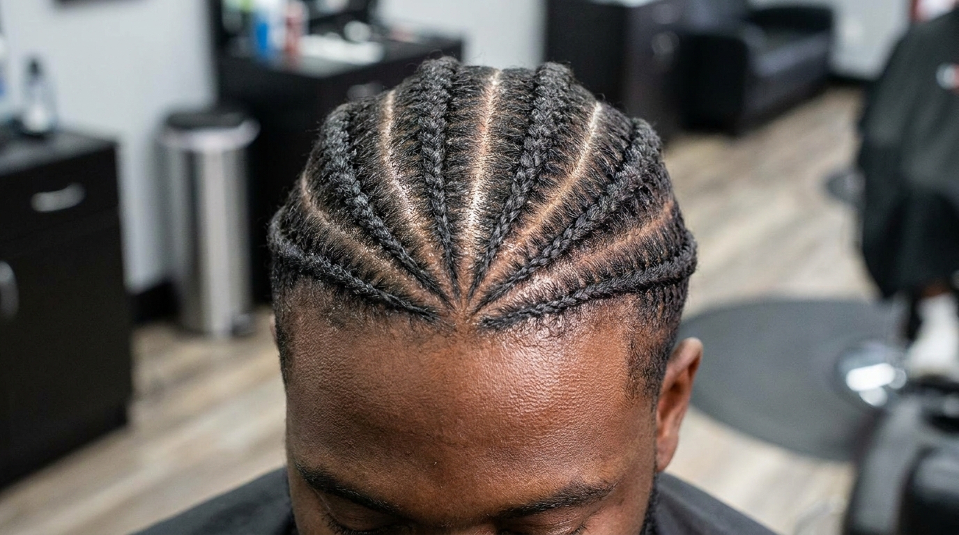 Stitch cornrows on Black man in his 20s showing defined sharp braided lines