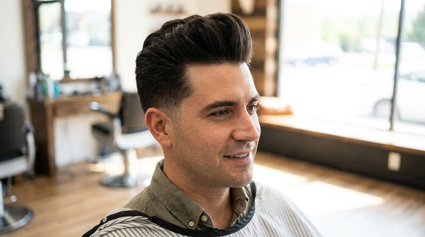 Thick hair comb over with high fade on man with dense hair in his 30s showing volume showcase