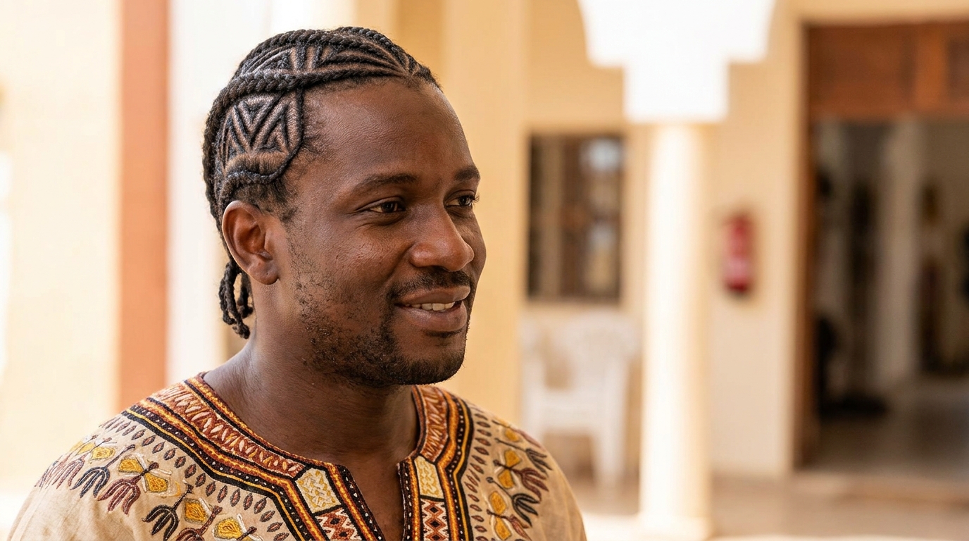 Tribal pattern cornrows on Black man in his 30s showing cultural heritage style
