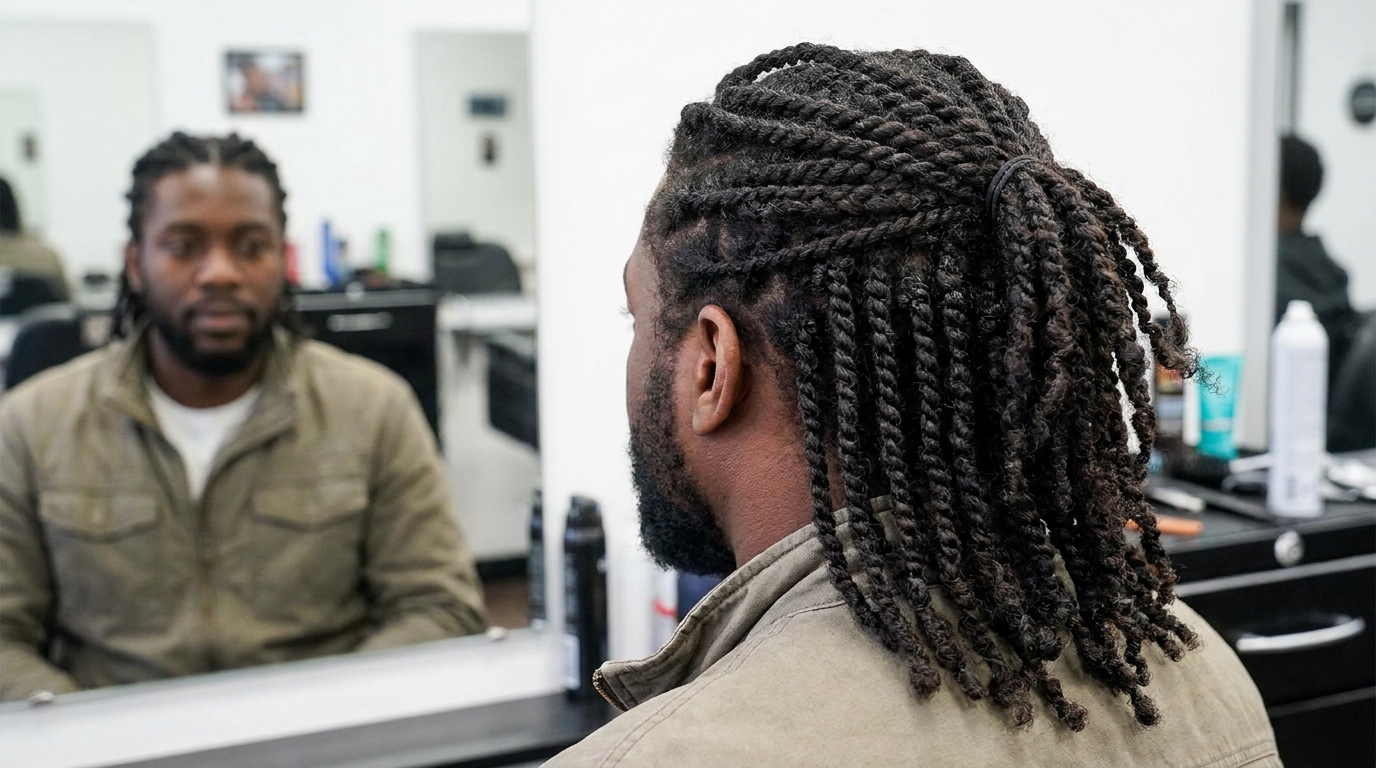 Two strand twists on Black man in his 20s showing textured twist alternative