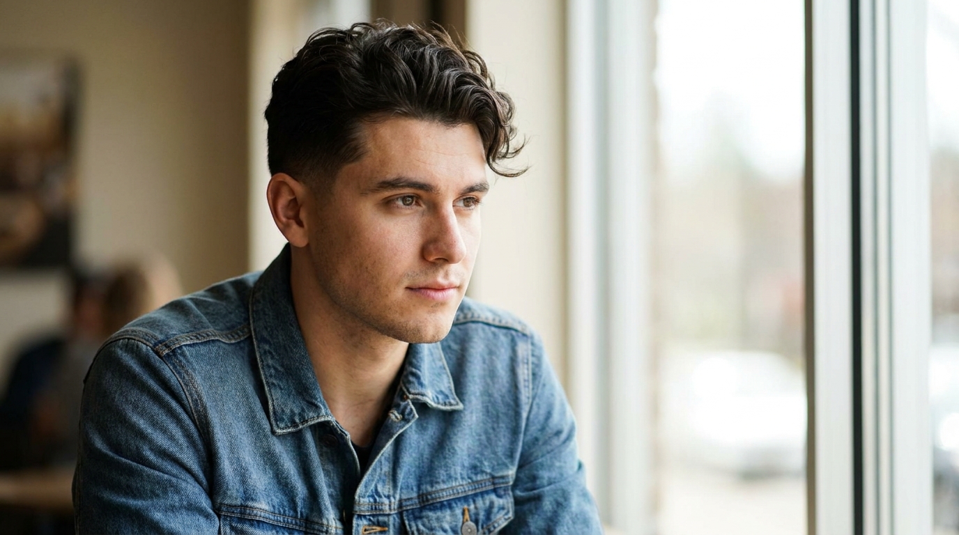 Wavy comb over with taper fade on man with natural waves in his 20s showing effortless texture