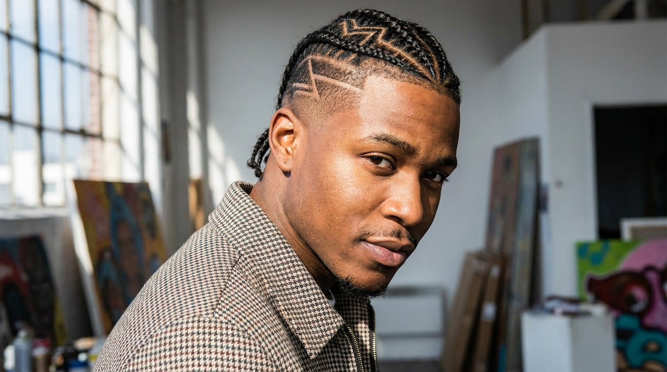 Zig zag cornrows on Black man in his 20s showing bold geometric pattern