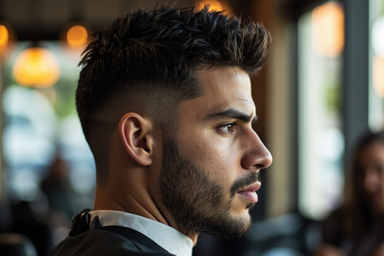 Textured French crop haircut hiding receding hairline