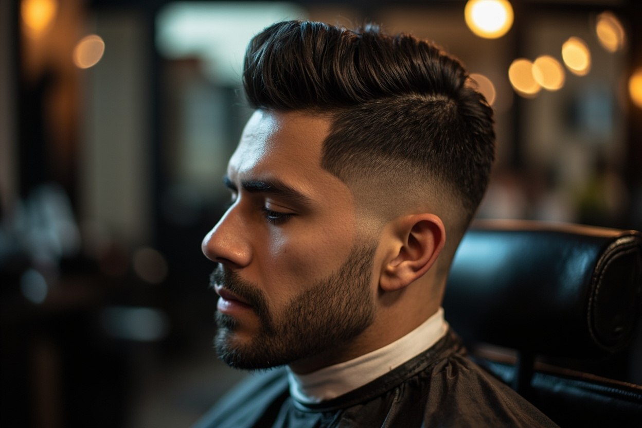 Short pompadour with fade for men with thinning crown
