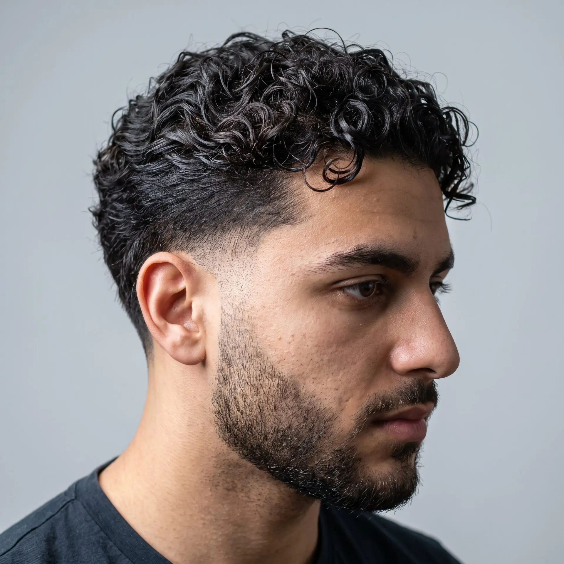 Curly top with low taper for rectangle face men
