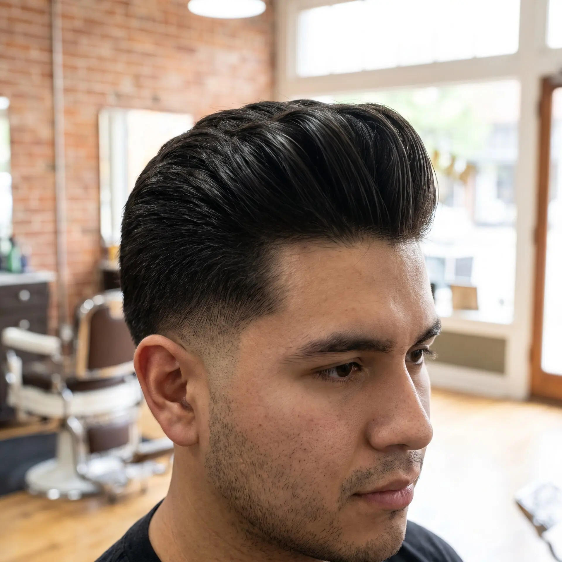 Modern low pompadour hairstyle for rectangle face men 2026