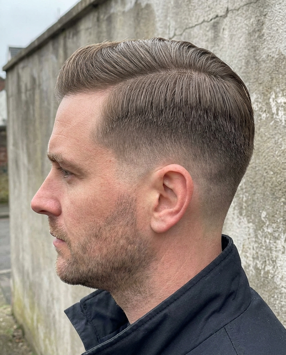 Low taper fade side part side view