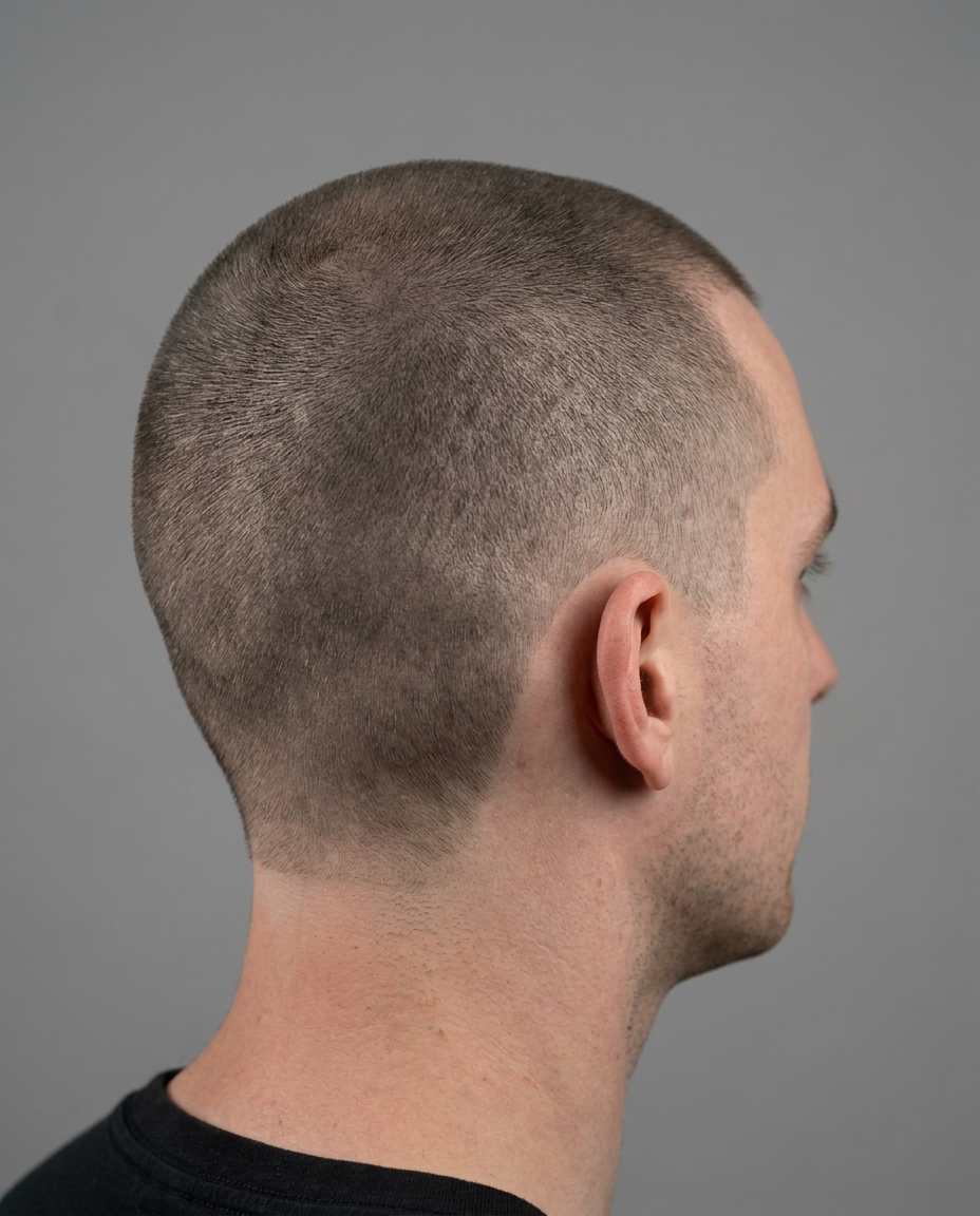 Buzz cut low taper rear view