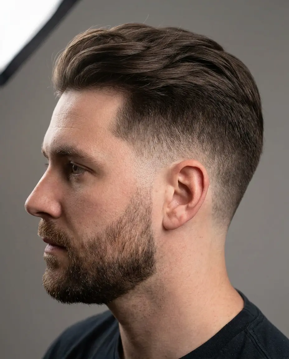 Low taper fade beard side view