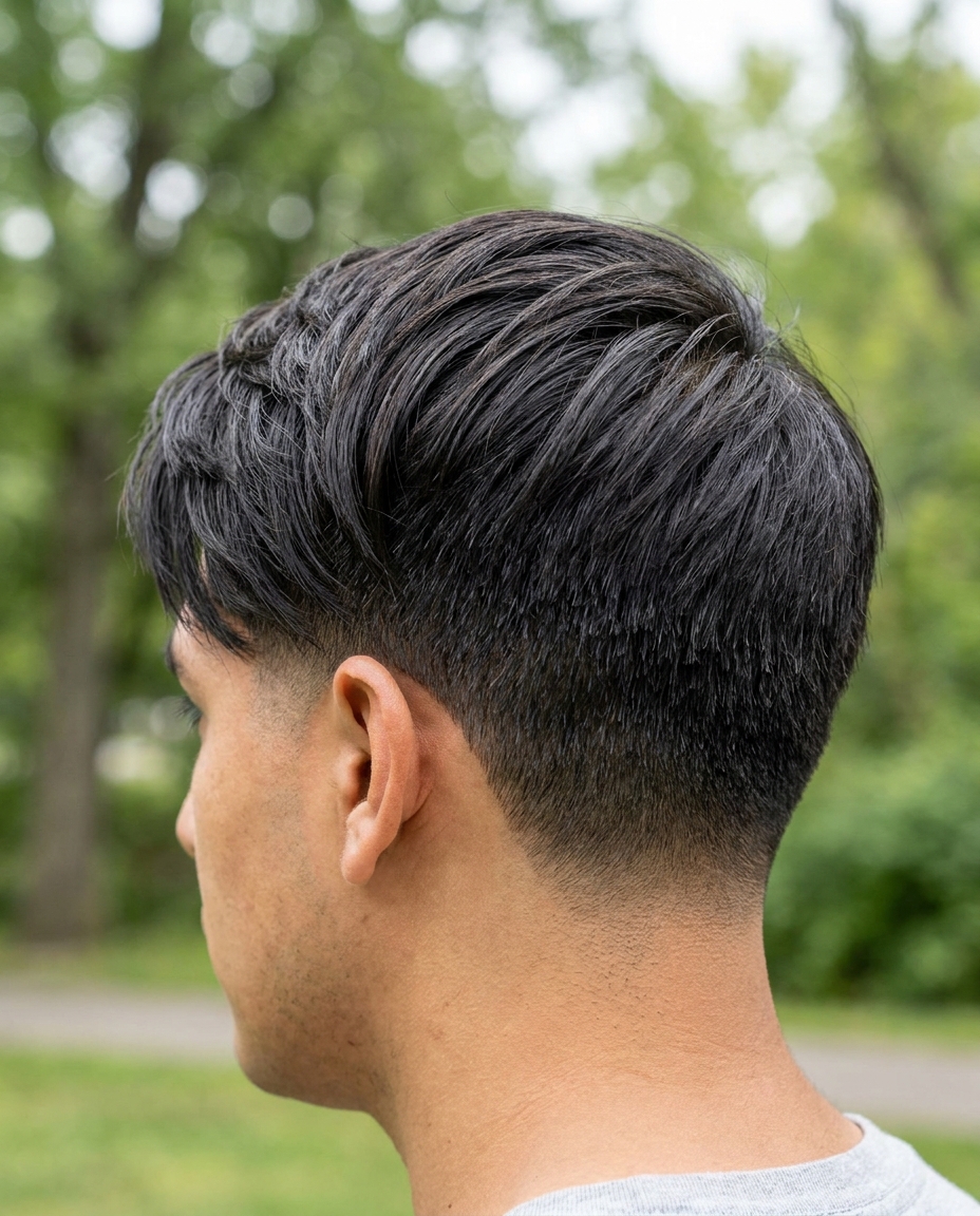 Side swept low taper back view
