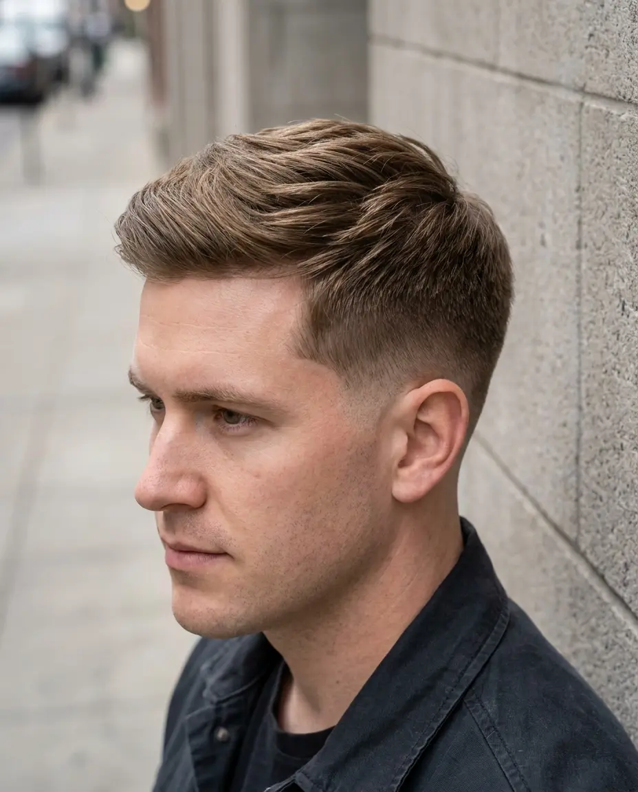 Low taper fade side swept