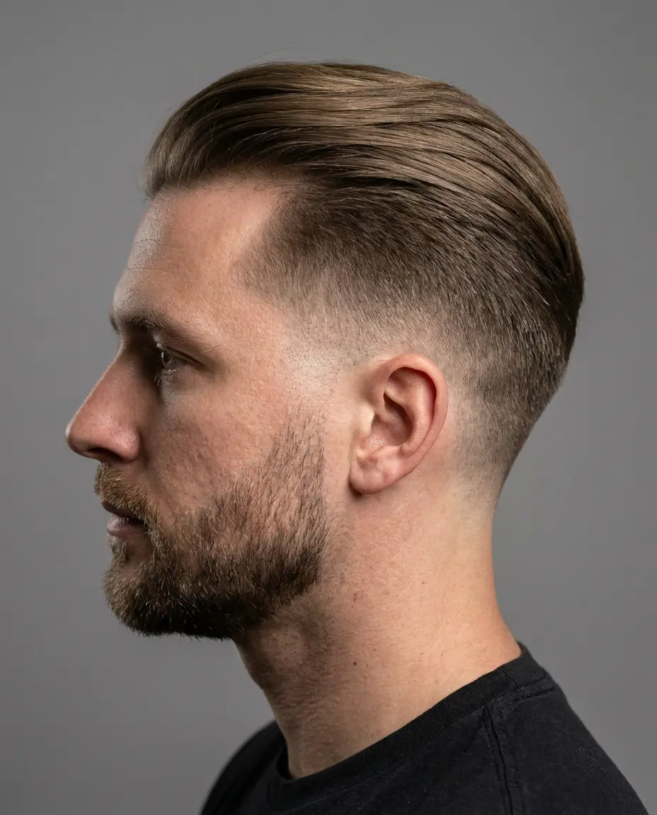 Low taper fade beard side view