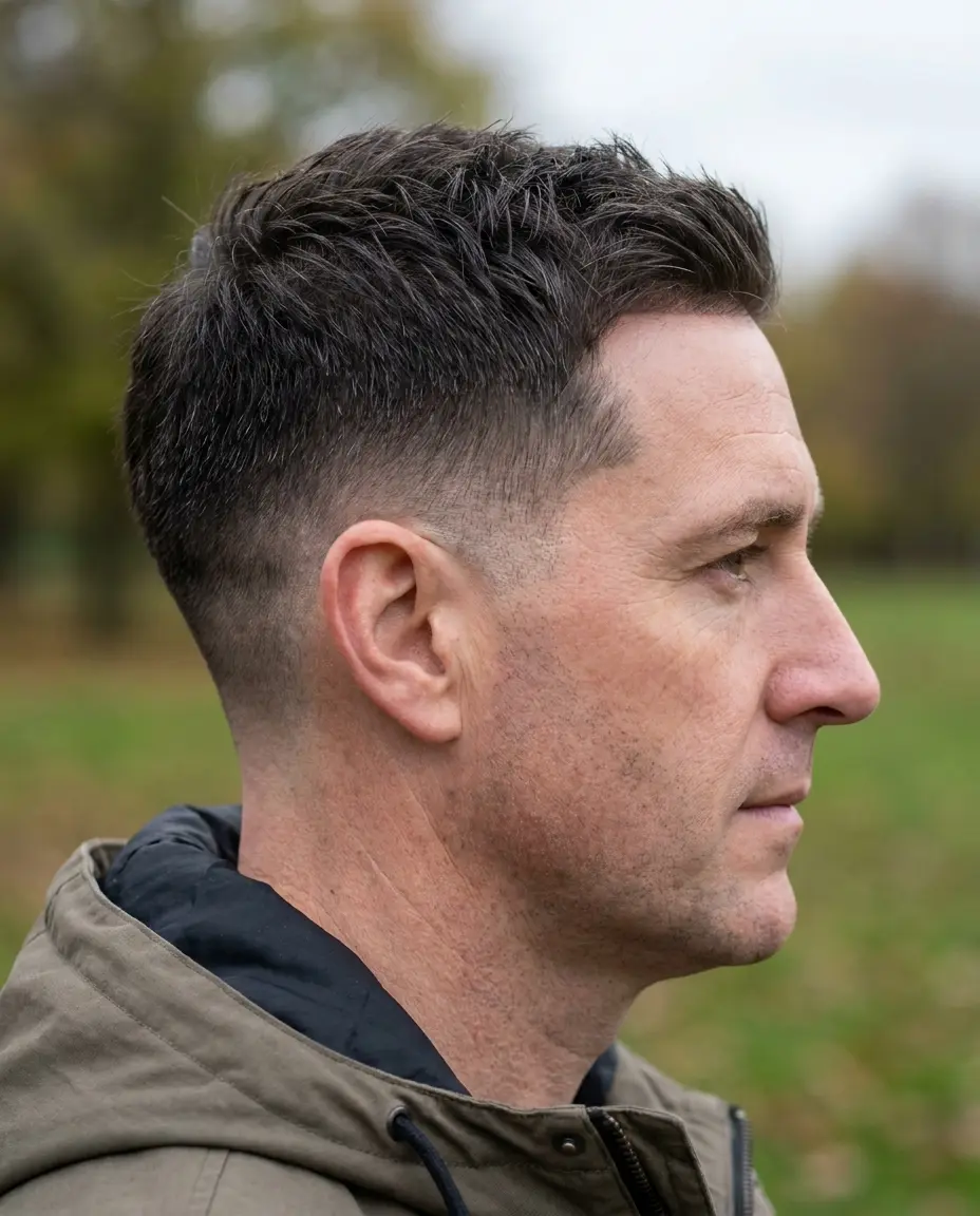 Low taper fade with temple fade