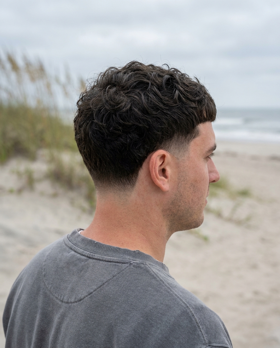 Wavy hair low taper back view
