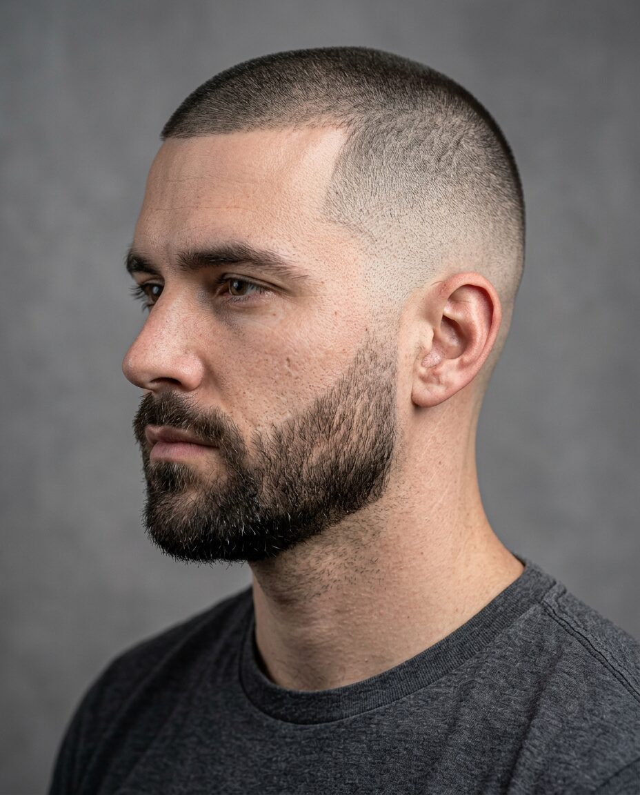 Buzz cut with beard side view